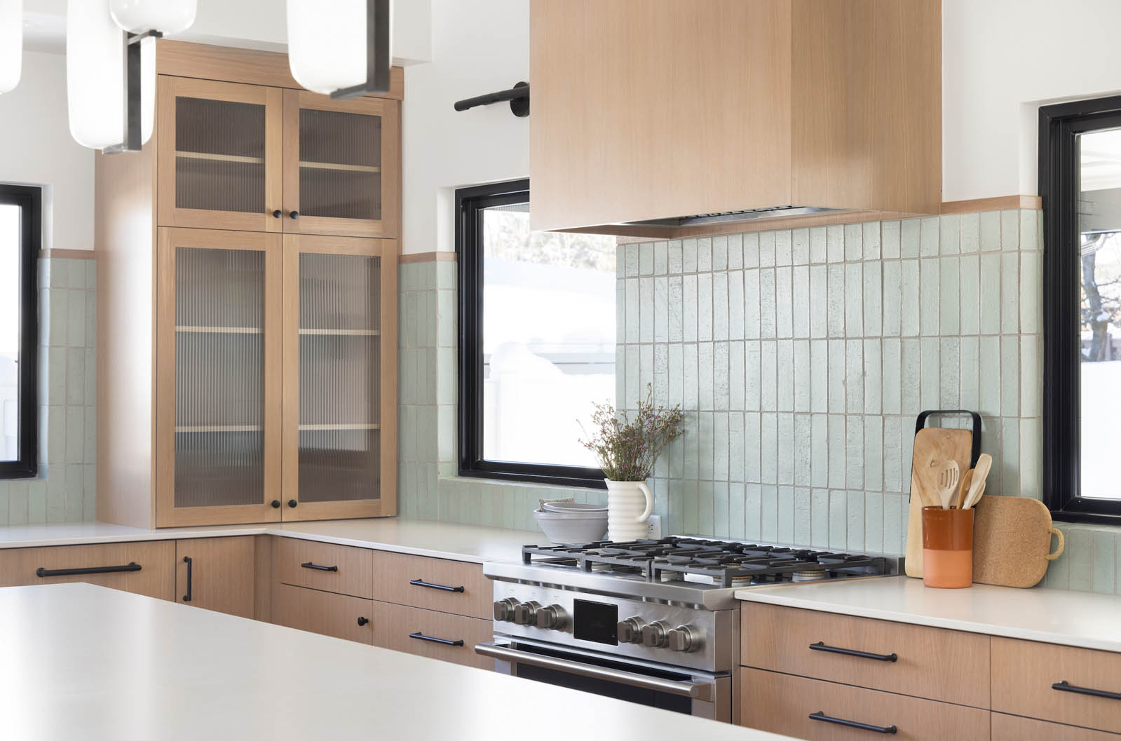 Midcentury kitchen remodel range and cabinets